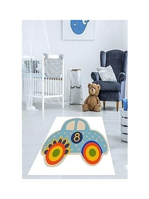 Pelangi Araba Desenli Dijital Baskı Yıkanabilir Kaymaz Taban Çocuk Odası Halısı, Mavi-Beyaz 120 x 180