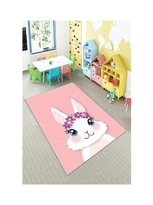 Pelangi Pembe Tavşan Desenli Yıkanabilir Kaymaz Taban Leke Tutmazbebek ve Çocuk Odası Halısı, Pembe-Beyaz 80 x 400, 90135708080400