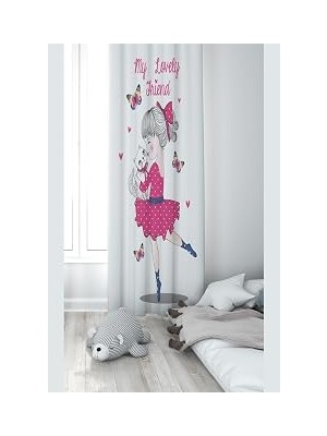 Pelangi Beyaz Kedi Seven Kız Desenli Dijital Baskı Yıkanabilir Bebek Çocuk Odası Fon Perdesi, Beyaz-Fuşya 70 x 200
