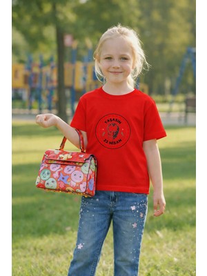 Vodexa Çocuk T-Shirt 23 Nisan Egemenlik ve Çocuk Bayramı Tişört Unisex %100 Pamuk Baskılı Rahat Kalıp