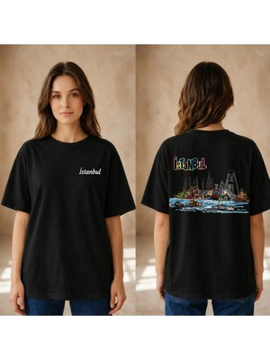 Vodexa Kadın Oversize T-Shirt Istanbul Baskılı %100 Pamuk Tişört Rahat Kalıp
