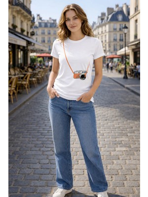 Vodexa Kadın Oversize T-Shirt Fotoraf Makinası Baskılı %100 Pamuk Tişört Rahat Kalıp
