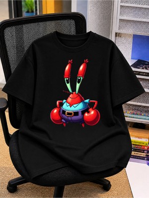 Vodexa Ünisex Oversize T-Shirt Yengeç Krs Baskılı %100 Pamuk Tişört Rahat Kalıp
