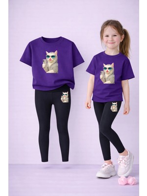 Vodexa Anne Kız Kombin Tayt-T-Shirt Takım %100 Pamuk Baskılı Esnek Rahat Günlük Spor Kombin