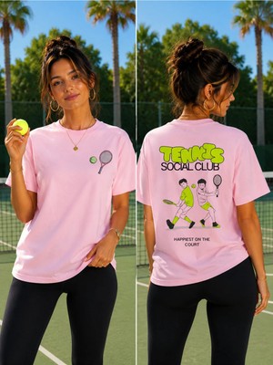 Vodexa Unisex Oversize Tennis Baskılı T-Shirt %100 Pamuk Tenis Temalı Rahat Kalıp Kısa Kollu Tişört