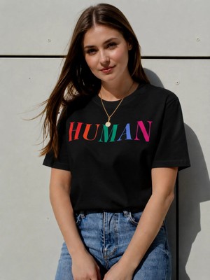 Vodexa Kadın Oversize T-Shirt Human Baskılı %100 Pamuk Tişört Rahat Kalıp