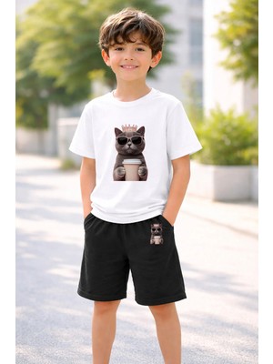 Vodexa Erkek-Kız Çocuk Tişört Şort Takım %100 Pamuk Yazlık Rahat Kalıp Baskılı T-Shirt Çocuk Kombin