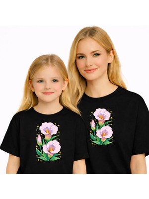 Vodexa Anne Ünisex Çocuk Kombin Oversize Tişört Twin T-Shirt Pembe Zambak Baskılı
