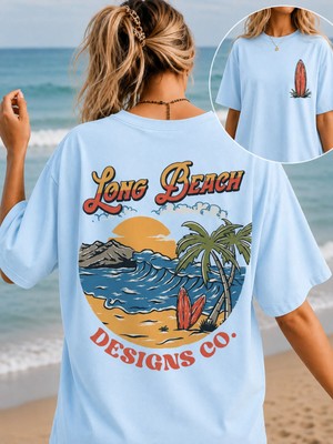 Vodexa Kadın Oversize T-Shirt Long Beach Baskılı %100 Pamuk Tişört Rahat Kalıp