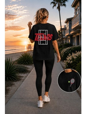 Vodexa Unisex Oversize Tennis Baskılı T-Shirt %100 Pamuk Tenis Temalı Rahat Kalıp Kısa Kollu Tişört