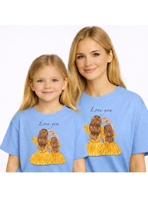 Vodexa Anne Kız Çocuk Kombin Oversize Tişört Twin T-Shirt Love You Baskılı