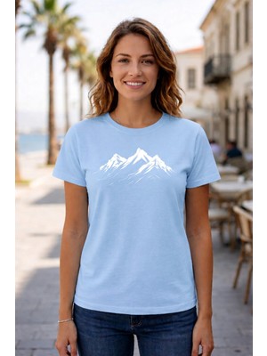 Vodexa Kadın Oversize T-Shirt Sıra Daglar Baskılı %100 Pamuk Tişört Rahat Kalıp