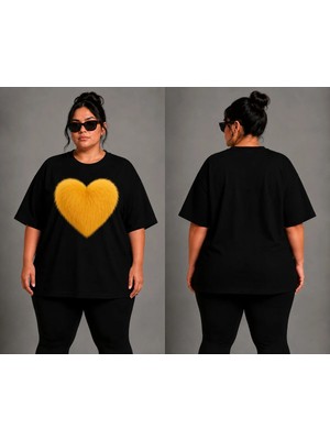 Vodexa Kadın Oversize T-Shirt Sarı Kalp Baskılı %100 Pamuk Tişört Büyük Beden Rahat Kalıp