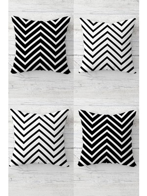 Pelangi Zigzag Desenli Siyah Beyaz Gizli Fermuarlı Kırlent Kılıfı Koltuk Yastık Kılıfı TAKIM(4ADET), Koyu Siyah-Beyaz 45 x 45