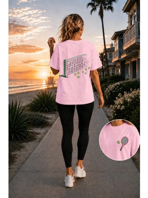 Vodexa Unisex Oversize Tennis Baskılı T-Shirt %100 Pamuk Tenis Temalı Rahat Kalıp Kısa Kollu Tişört