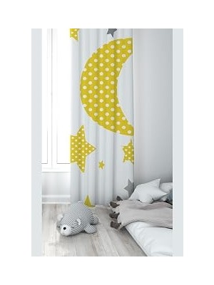 Pelangi Beyaz Yıldız ve Hilal Desenli Dijital Baskı Yıkanabilir Bebek Çocuk Odası Fon Perdesi, Sarı-Beyaz 70 x 200
