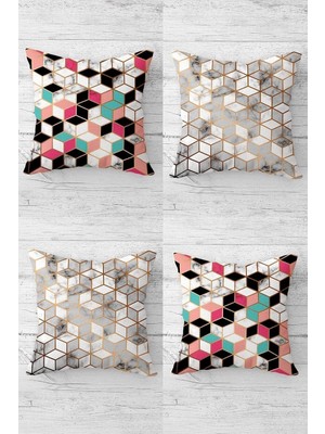 Pelangi Geometrik Balpeteği Desenli Gizli Fermuarlı Kırlent Kılıfı Koltuk Yastık Kılıfı TAKIM(4ADET), Pembe-Gri 45 x 45