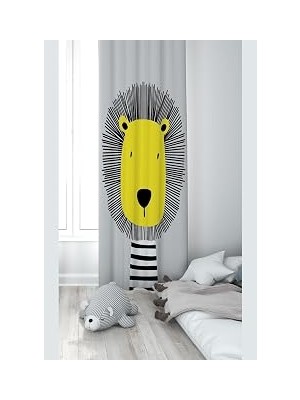 Pelangi Gri Aslan Desenli Dijital Baskı Yıkanabilir Bebek Çocuk Odası Fon Perdesi, Gri-Sarı 140 x 270