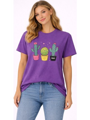 Vodexa Oversize T-Shirt Kaktüs Baskılı %100 Pamuk Tişört Rahat Kalıp
