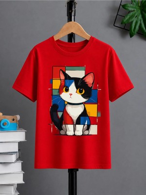 Vodexa Ünisex Oversize T-Shirt Renkli Kedi Baskılı %100 Pamuk Tişört Rahat Kalıp