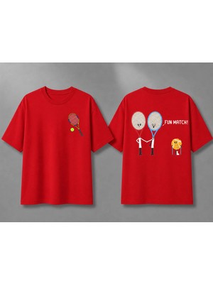 Vodexa Unisex Oversize Tennis Baskılı T-Shirt %100 Pamuk Tenis Temalı Rahat Kalıp Kısa Kollu Tişört