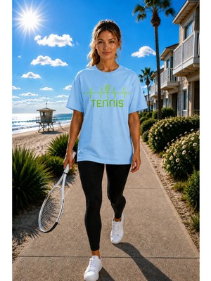 Vodexa Unisex Oversize Tennis Baskılı T-Shirt %100 Pamuk Tenis Temalı Rahat Kalıp Kısa Kollu Tişört