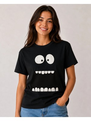 Vodexa Ünisex Oversize T-Shirt Açık Agız Baskılı %100 Pamuk Tişört Rahat Kalıp