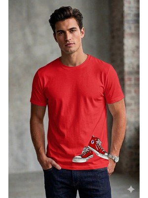 Vodexa Erkek Oversize T-Shirt Çift Ayakkabı Baskılı %100 Pamuk Tişört Rahat Kalıp