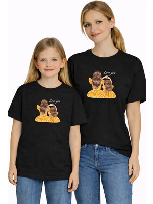 Vodexa Anne Kız Çocuk Kombin Oversize Tişört Twin T-Shirt Sarı Elbise Baskılı