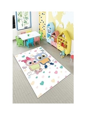 Pelangi Beyaz Kalp ve Kuş Deseni Yıkanabilir Kaymaz Taban Leke Tutmazbebek ve Çocuk Odası Halısı, Beyaz-Mavi 120 x 160, 901357098120160