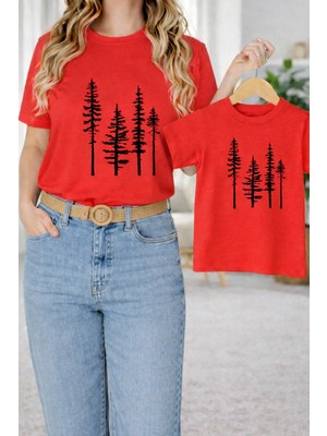 Vodexa Anne Ünisex Çocuk Kombin Oversize Tişört Twin T-Shirt Çam Agaçları Baskılı Tekli