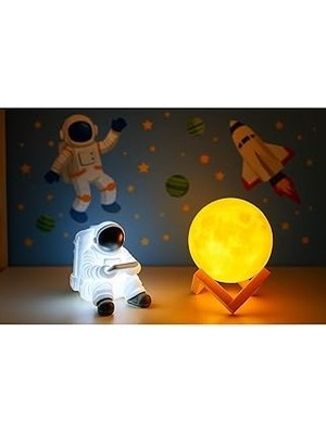 Işık Kasabası(28) Oturan Astronot ve 3D Küre LED Gece Lambası Tabletli Astronot Sarı,beyaz