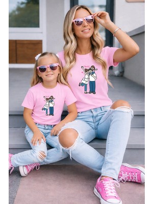 Vodexa Anne Kız Kombin Oversize Tişört Twin T-Shirt %100 Pamuk Rahat Kalıp
