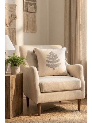Buldan Natura Ağaç Nakışlı Püsküllü Dekoratif Kırlent Kılıfı – Krem / Kiremit 43×43 cm