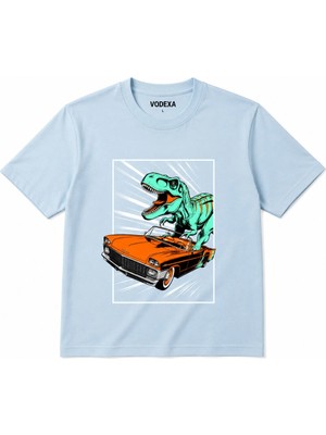 Vodexa Ünisex Oversize T-Shirt Dino Baskılı %100 Pamuk Tişört Rahat Kalıp