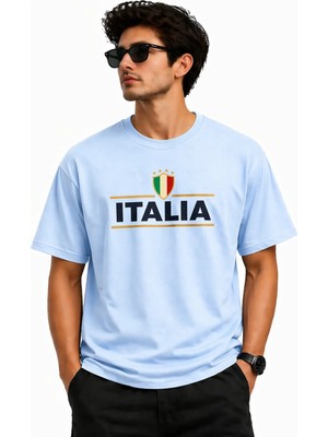 Vodexa Erkek Oversize T-Shirt Italıa Baskılı %100 Pamuk Tişört Rahat Kalıp