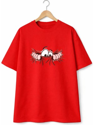 Vodexa Ünisex Oversize T-Shirt Gözler Baskılı %100 Pamuk Tişört Rahat Kalıp