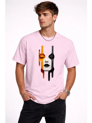 Vodexa Ünisex Oversize T-Shirt Renkli Yüz Baskılı %100 Pamuk Tişört Rahat Kalıp