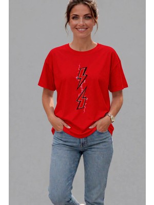 Vodexa Kadın Oversize T-Shirt Voltaj Baskılı %100 Pamuk Tişört Rahat Kalıp