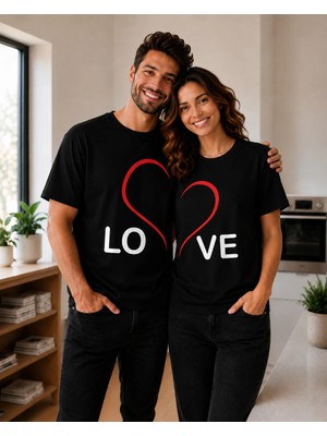Vodexa Ünisex Oversize T-Shirt Lov Baskılı %100 Pamuk Tişört Rahat Kalıp