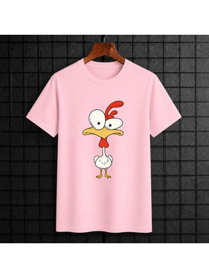 Vodexa Kadın Oversize T-Shirt Tavuk Baskılı %100 Pamuk Tişört Rahat Kalıp