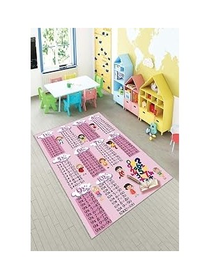Pelangi Pembe Çarpım Tablolu Eğitici Yıkanabilir Kaymaz Taban Leke Tutmazbebek ve Çocuk Odası Halısı, Koyu Pembe 80 x 300