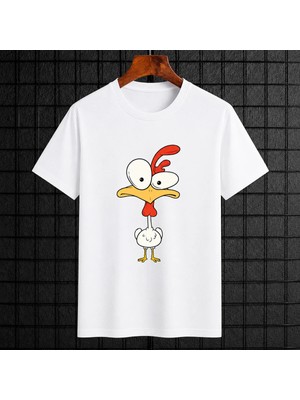 Vodexa Kadın Oversize T-Shirt Tavuk Baskılı %100 Pamuk Tişört Rahat Kalıp