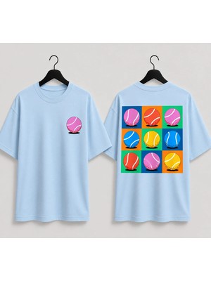 Vodexa Unisex Oversize Tennis Baskılı T-Shirt %100 Pamuk Tenis Temalı Rahat Kalıp Kısa Kollu Tişört