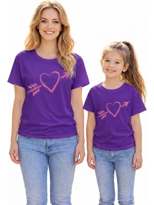 Vodexa Anne Kız Kombin Oversize Tişört Twin T-Shirt Anne Cocuk Oklu Kalp Baskılı (Tekli Satılmaktadır)