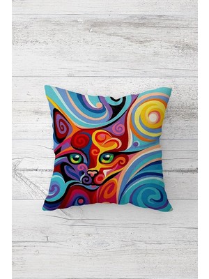 Pelangi Sanatsal Kedi Çift Tarafı Baskılı Gizli Fermuarlı Yastık Kılıfı Kırlent Koltuk Yastık Kılıfı, Mavi-Kırmızı 45 x 45