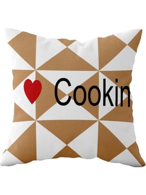 Pelangi Geometrik Desen Cooking Yazılı Çift Taraflı Gizli Fermuar Yastık Kılıfı Kırlent Koltuk Yastık Kılıfı, Kahverengi-Beyaz 43 x 43