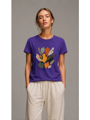 Vodexa Kadın Oversize T-Shirt Yapraklar Baskılı %100 Pamuk Tişört Rahat Kalıp