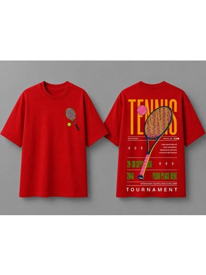 Vodexa Unisex Oversize Tennis Baskılı T-Shirt %100 Pamuk Tenis Temalı Rahat Kalıp Kısa Kollu Tişört