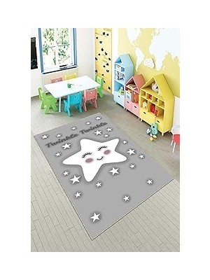 Pelangi Gri Parlak Yıldız Desenli Yıkanabilir Kaymaz Taban Leke Tutmazbebek ve Çocuk Odası Halısı, Gri-Beyaz 100 x 150, 901357149100150